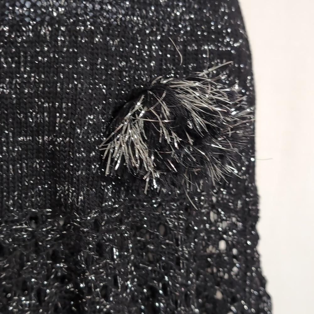Black Silver Metallic Knit Dress with Pompom Front Vneck Size Medium - Picture 3 of 6